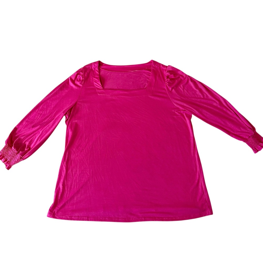 Women's 3X Hot Pink Square Neckline‎ Long Sleeve Smocked Cuff Blouse Tunic Style